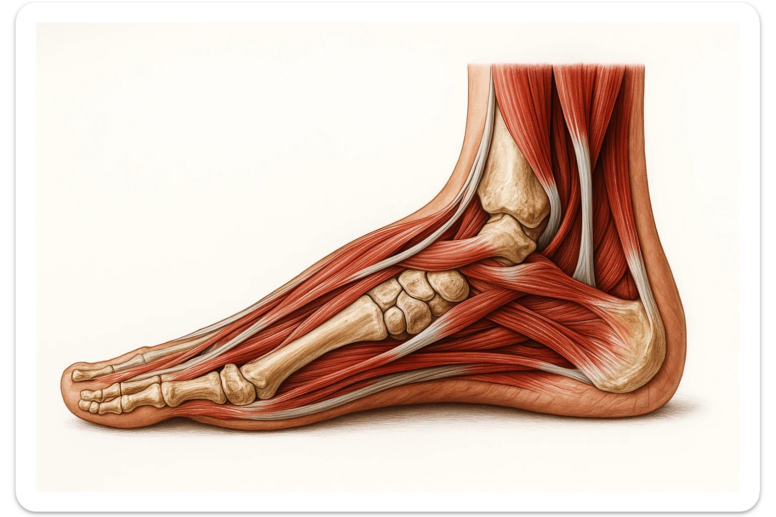PIEDE UMANO ANATOMICO CON PIANTA PIATTA, VISTO DI PROFILO, CON FASCI MUSCOLARI E OSSA VISIBILI, REALISTICO 4K SFONDO BIANCO sticker