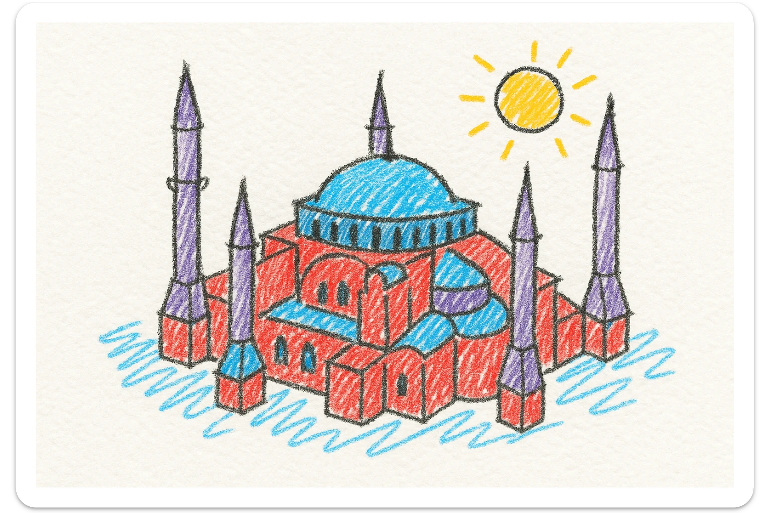 Isometric illustration of Istanbul, featuring real photorealistic Hagia Sophia with ts large central dome and four tall minarets, with real transparent background sticker