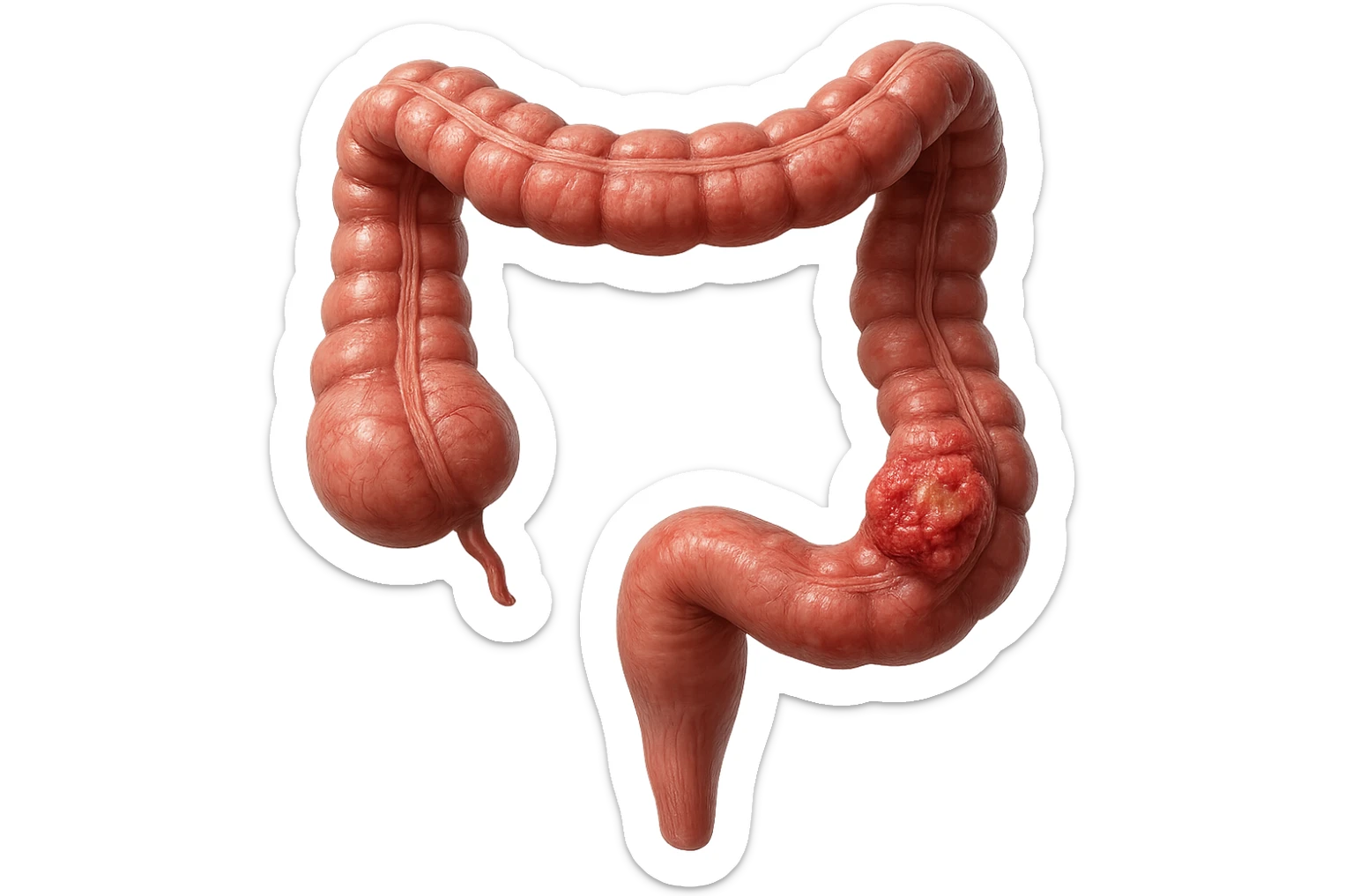 colon umano anatomico realistico malato di cancro, fai un punto visibile in cui si nota proprio la massa tumorale,+ iperrealistico 4k sticker