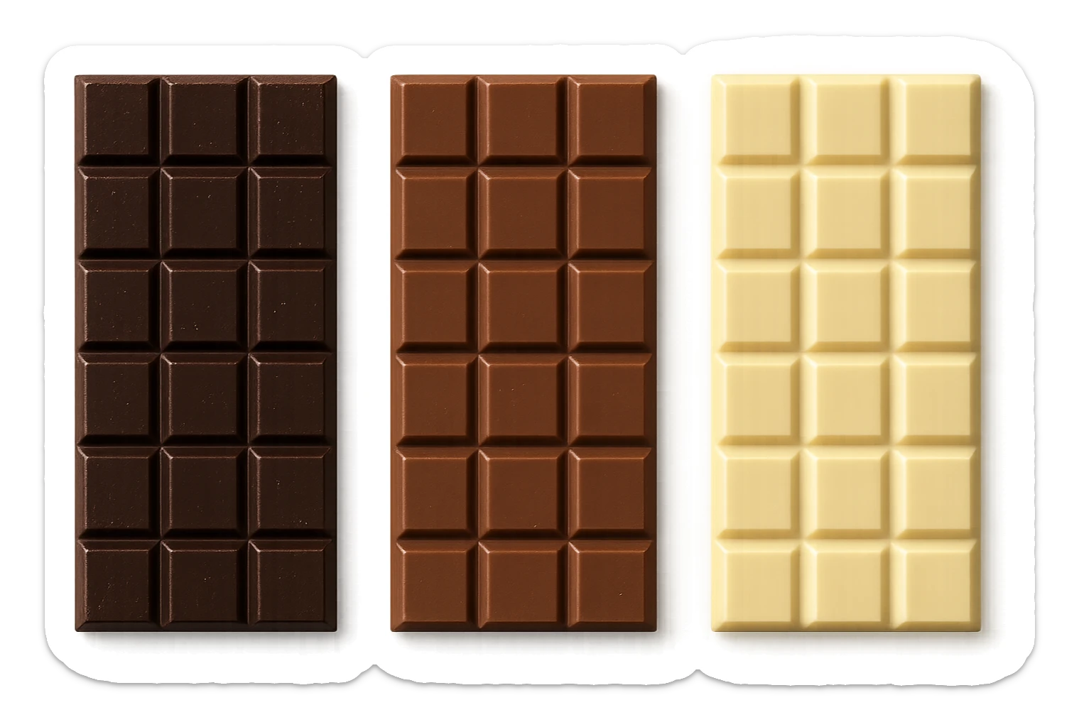 3 BARRETTE DI CIOCCOLATO, UNA FONDENTE, UNA AL LATTE E UNA BIANCA, CON OMBRA REALISTICA, VISTE DALL'ALTO, IPERREALISTICO 4K sticker