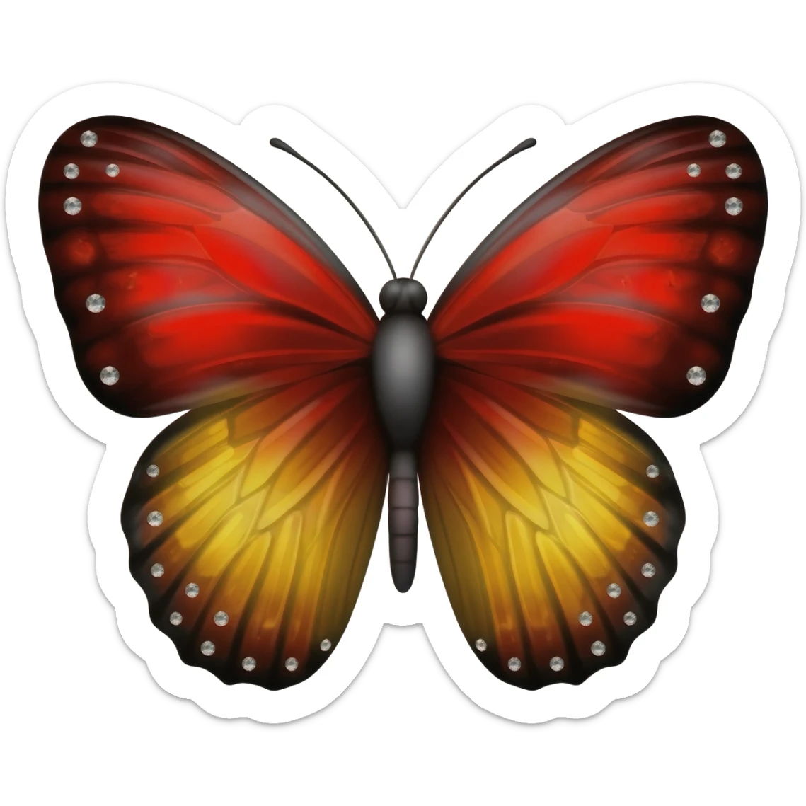 A beautiful butterfly with red, yellow and black combination with tiny diamonds on the wings sticker