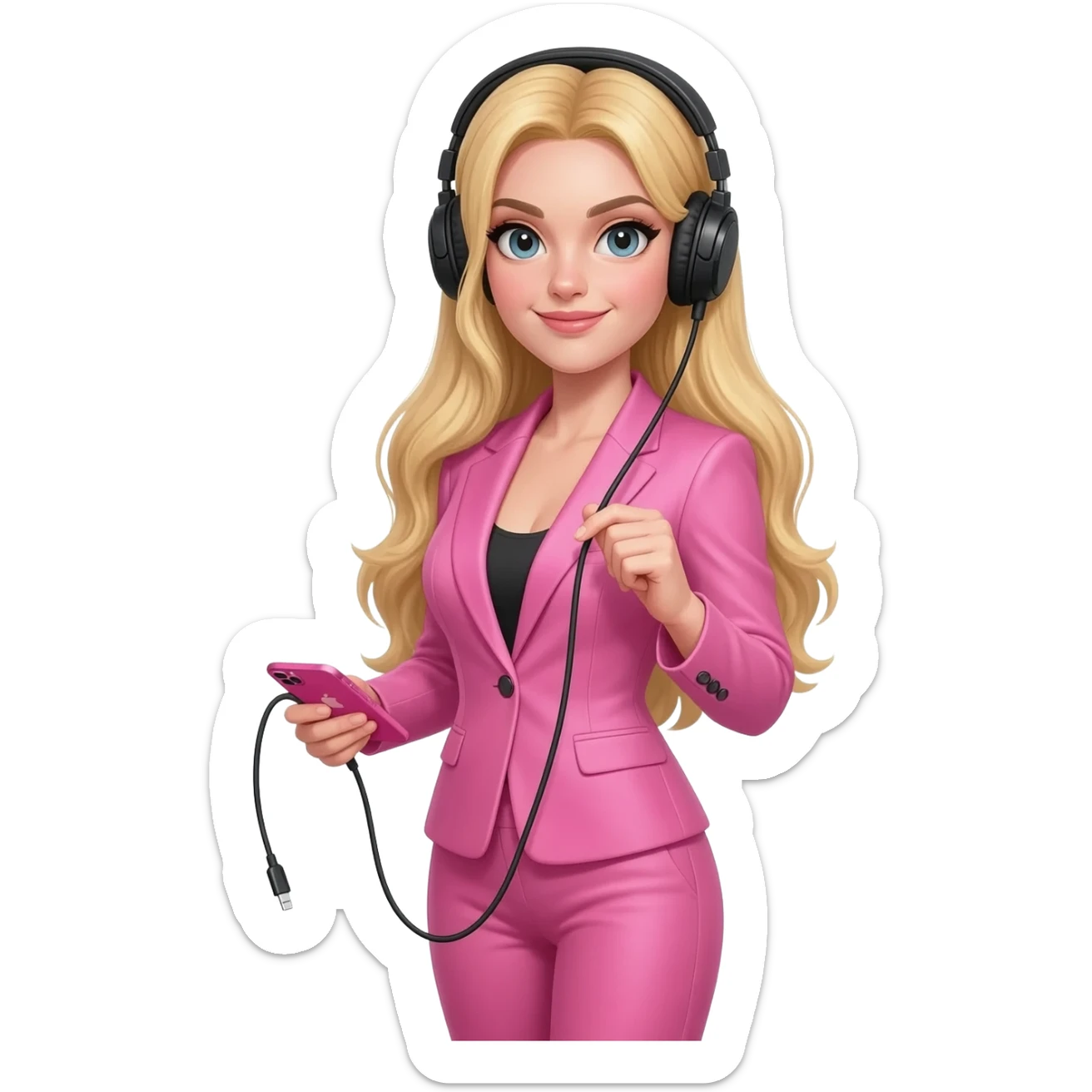 Woman in blonde hair and pink suit wear a black headphones on head connect to pink iphone max pro and hold on headphones on head with hands sticker