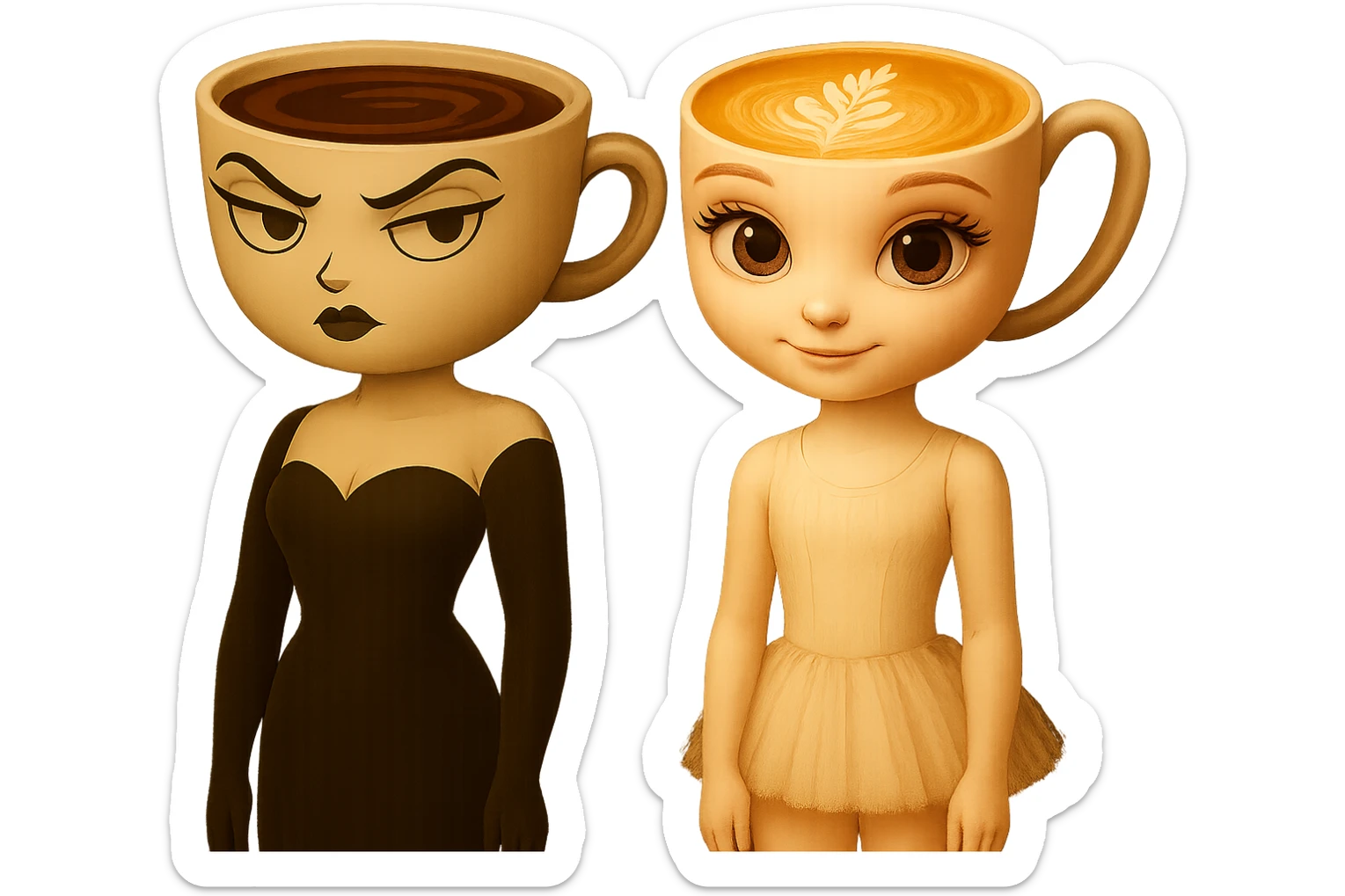 Edit the image to adjust the ballerina character's arms so they are straight down at her sides, while keeping the coffee character unchanged with her arms already straight. Maintain the transparent background. sticker