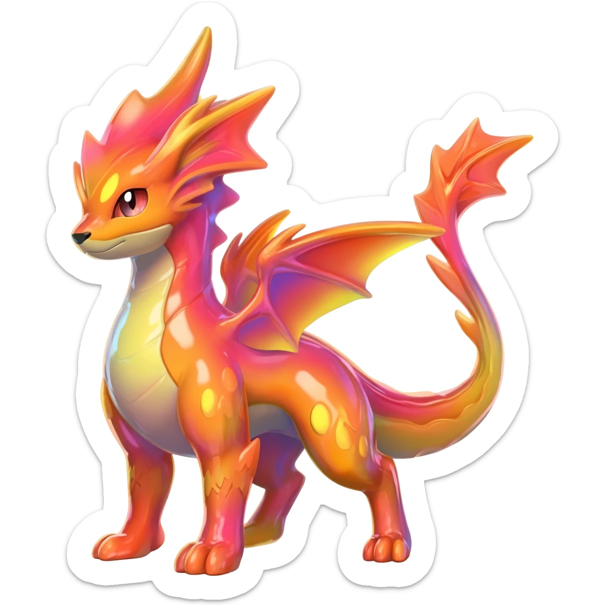  Shiny realistic cool beautiful iridescent light warmly colored reddish-orange-gold-gradients neon vibrant colorful pastel flourishing flurry fuzzy Nargacuga-Palkia-Meloetta-Noibat-fusion-animal-Fakémon-hybrid-creature, by griffsnuff sticker