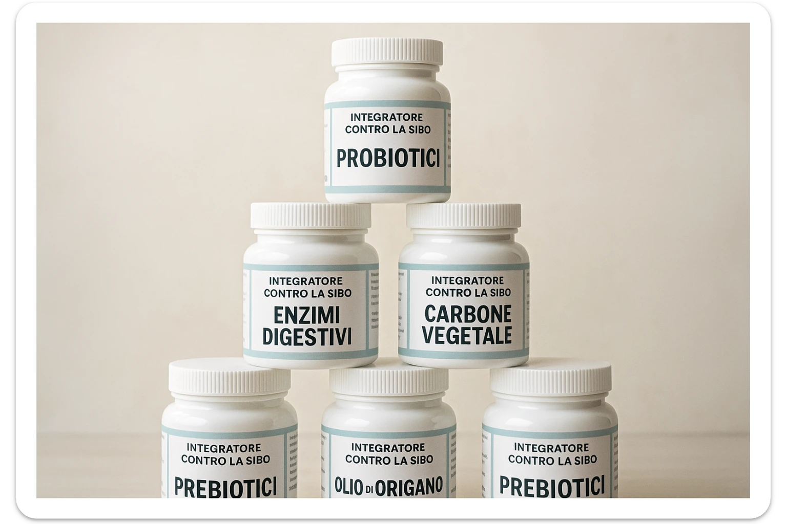 montagna di barattoli di integratori contro la SIBO con etichette in italiano sticker