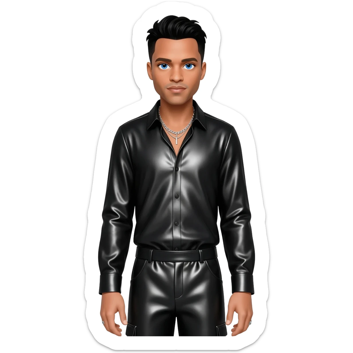 Robin Thicke with blue eyes, black hair, black metallic shirt, black metallic baggy pants, silver necklace sticker