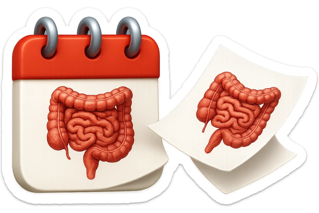 emoji stile iphone di un calendario con fogli che volano insieme, sui fogli ci sono disegnati degli intestini anatomici, iperrealistico 4k, isolato su sfondo bianco sticker