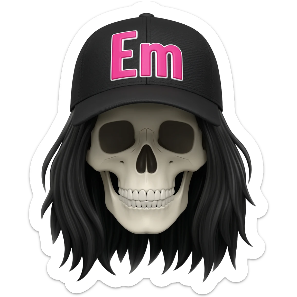 Create a skeleton head wearing a black baseball cap that says " Em " in pink, and white lettering, with long black hair sticker