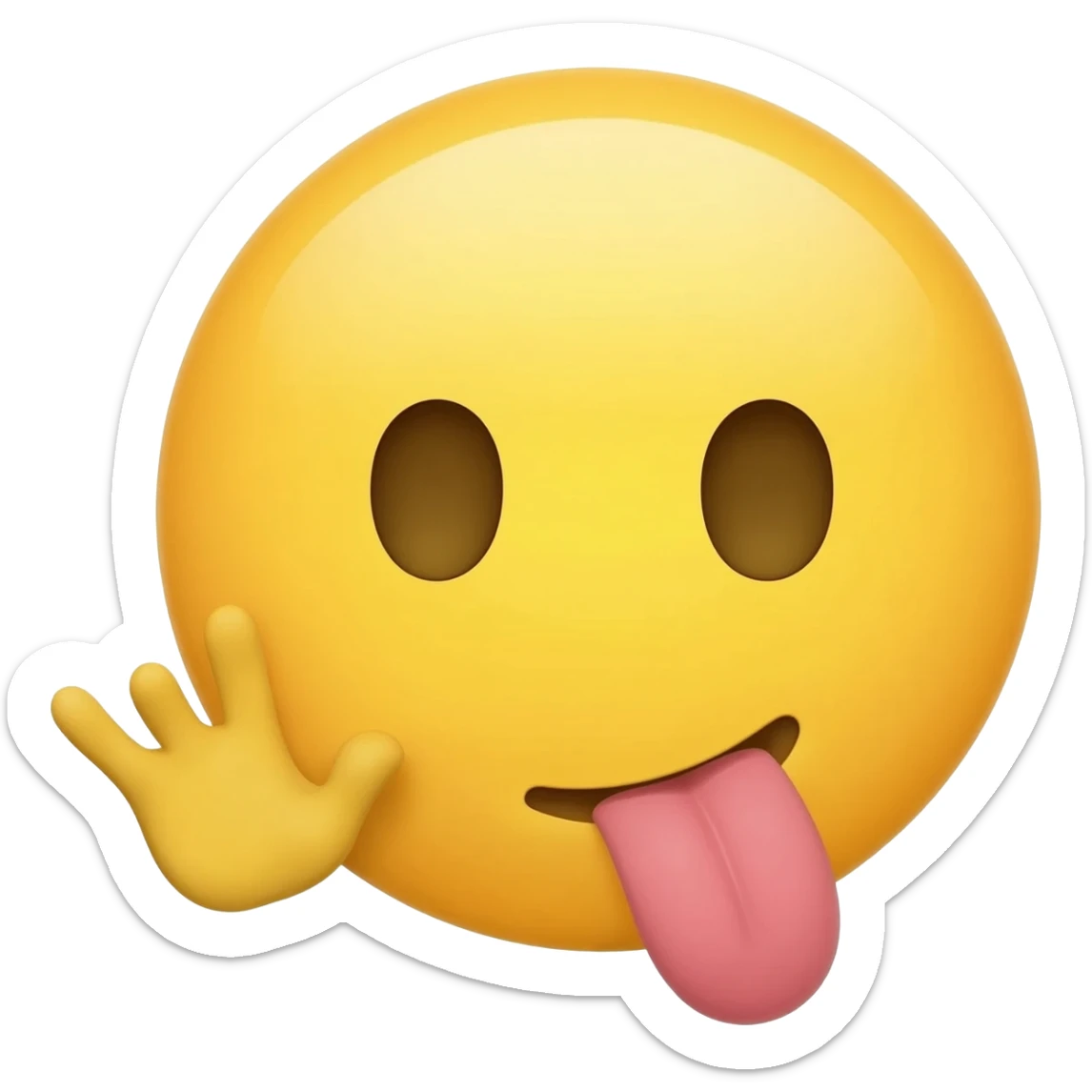 Make a emoji the is like a classic iPhone emoji so it is yellow and make it so the emoji is telling a secret so the hand is right next to the mouth but make the tongue stick out and make the head a circle with no body and the hand is open turned to the side like in a cup sticker