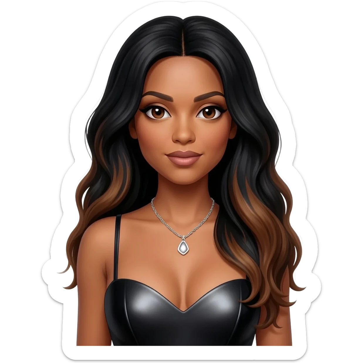 Aaliyah with dark brown eyes, long black hair with brown highlights, black metallic sweetheart dress, silver necklace sticker