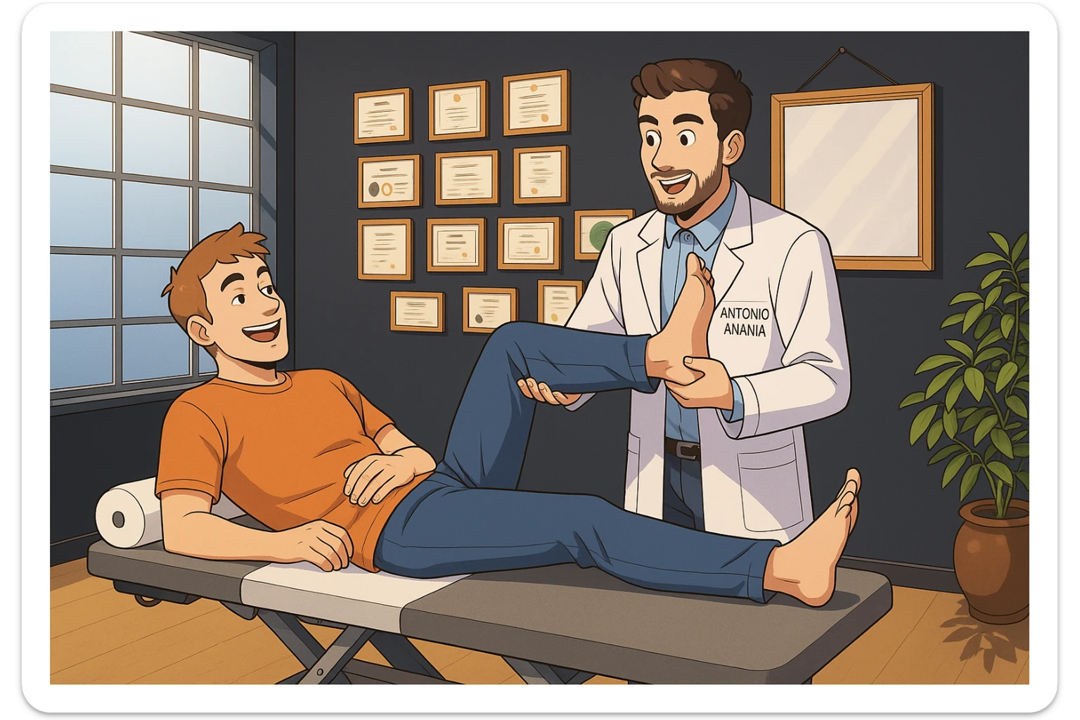 su questo lettino rappresenta un webtoon manga a colori con questo stile, in cui un uomo è steso sul lettino medico e il kinesiologo con il camice bianco (fagli anche la scritta "ANTONIO ANANIA" SUL CAMICE, gli solleva una gamba per fargli il test neuromuscolare, IL KINESIOLOGO SPIEGA ALL'UOMO UNA cosa mentre gli alza la gamba. l'espressione dell'uomo è felice e soddisfatta, non fare i fumetti però, fai solo in modo che sembri stiano parlando sticker