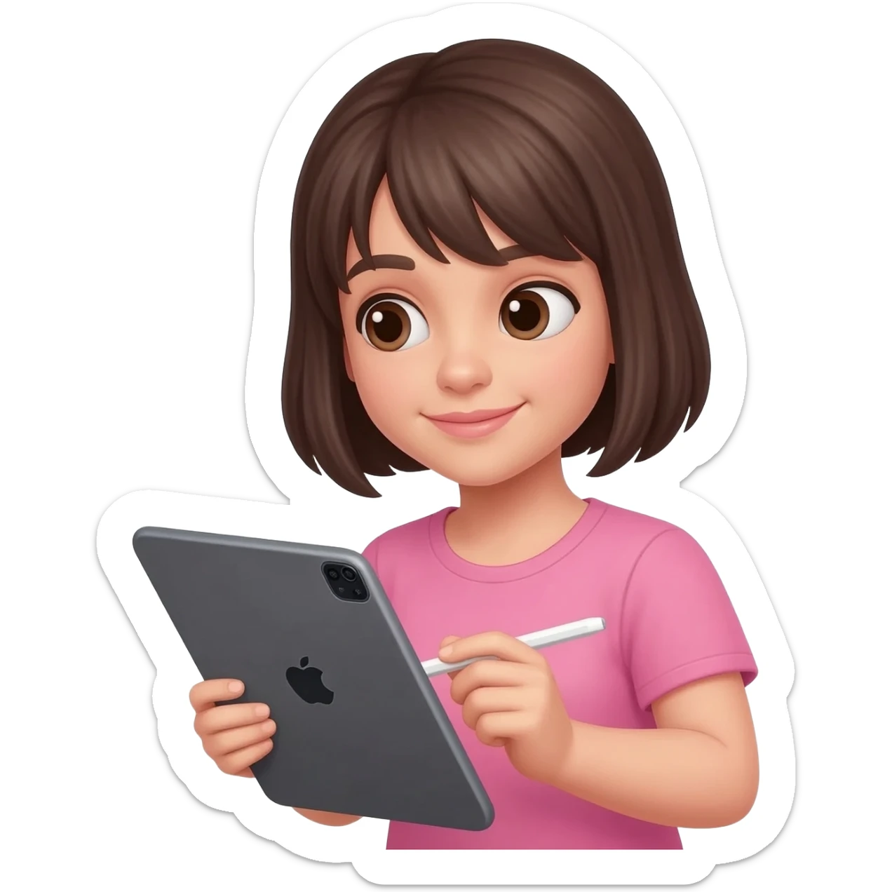 Brune aux cheveux court qui prend son temps tout doucement avec son grand iPad et un Apple Pencil. Vêtements rose sticker