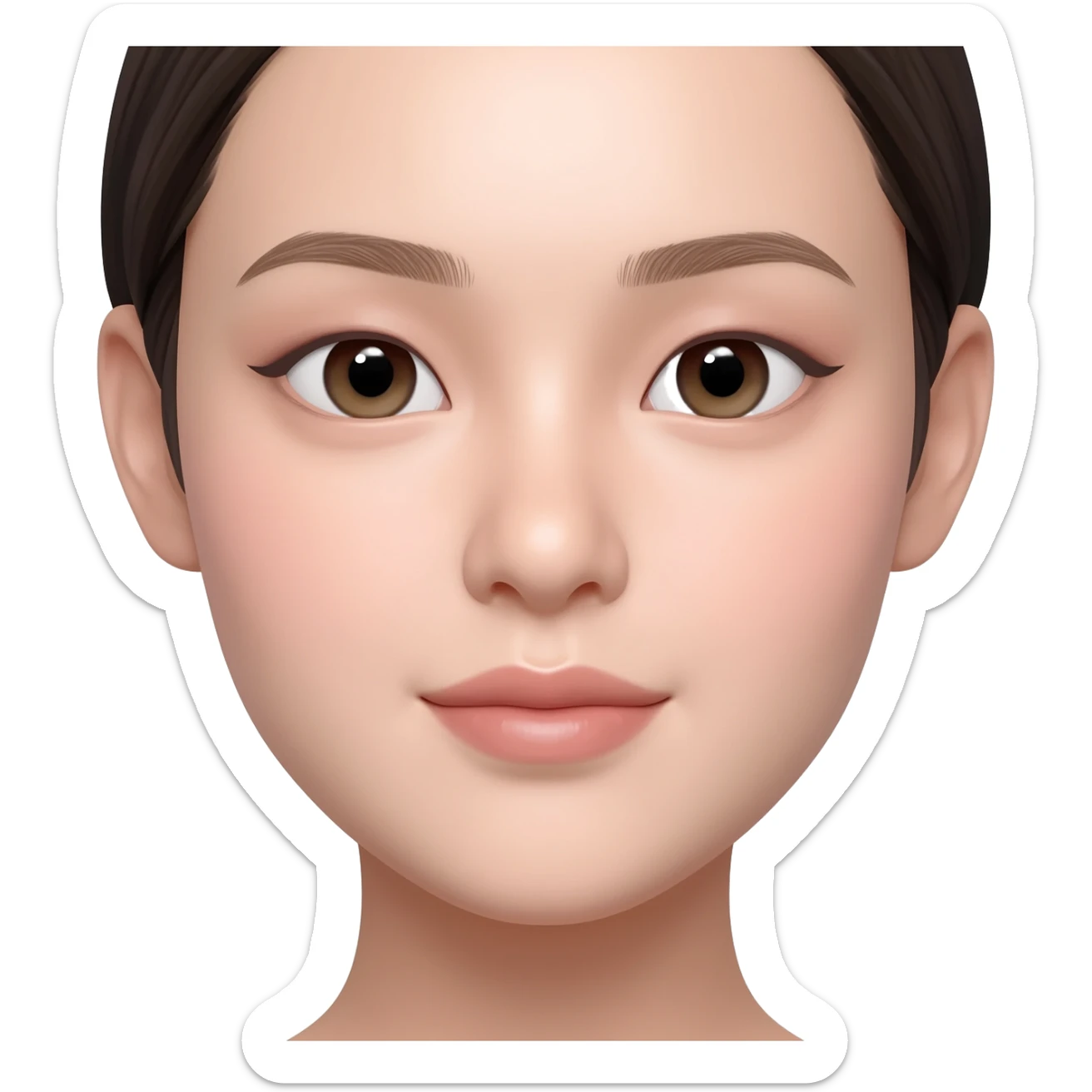 girl face, perfectly symmetrical face, balanced cheeks, smooth skin, bright eyes, neat eyebrows, soft makeup, neutral background, centered portrait, bright lighting sticker