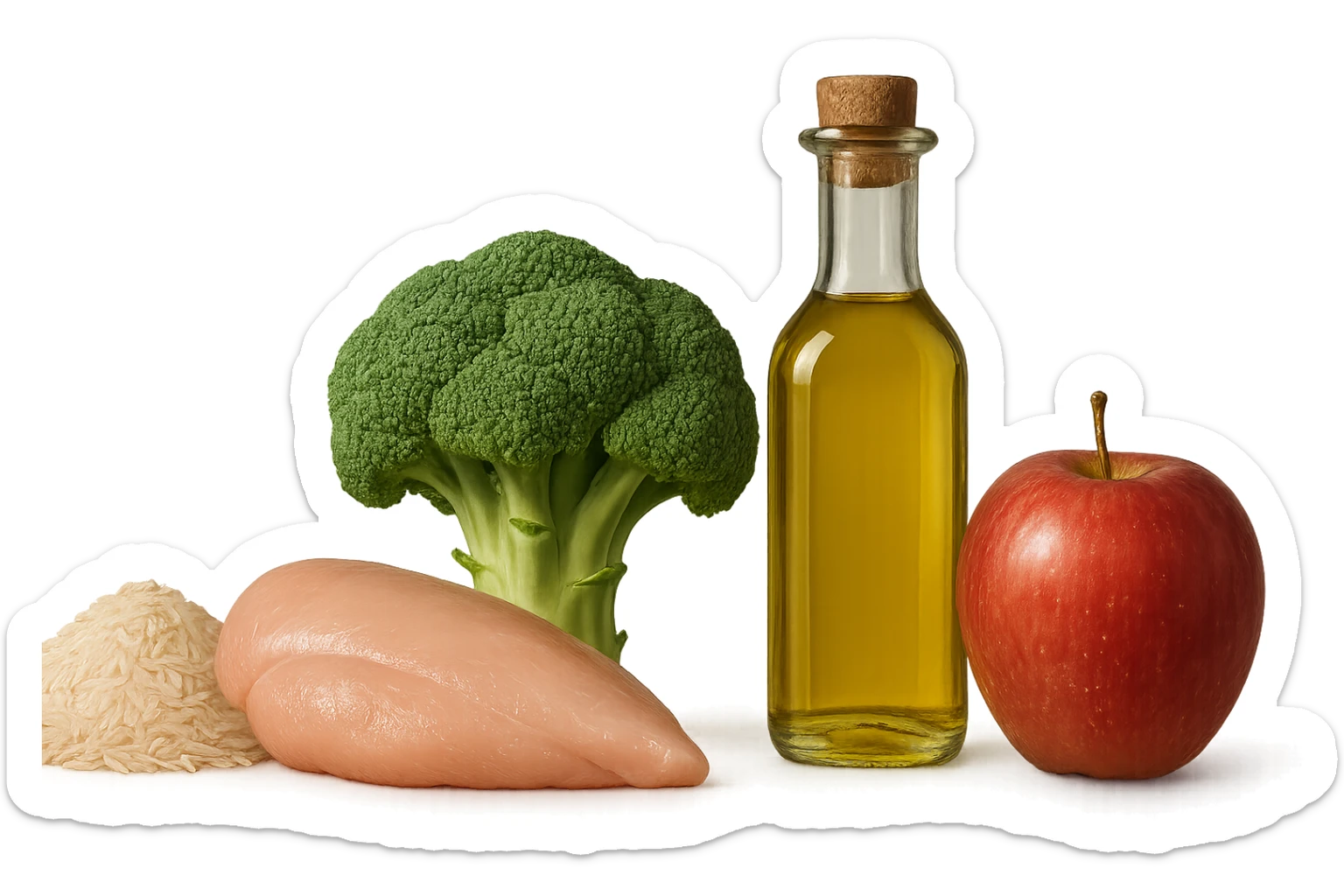 Riso basmati
Petto di pollo
Verdura fibrosa verde
Olio EVO
Mela
vista frontale, iperrealistico 4k sticker