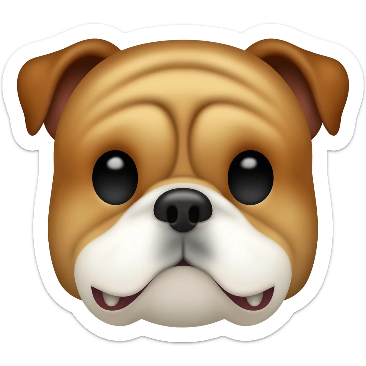 Cute emoji-style English Bulldog with a large wrinkled head, very short flat muzzle, visible underbite with small teeth, small folded ears, and round dark eyes. Short taupe/light brown fur, white chest and lower face sticker