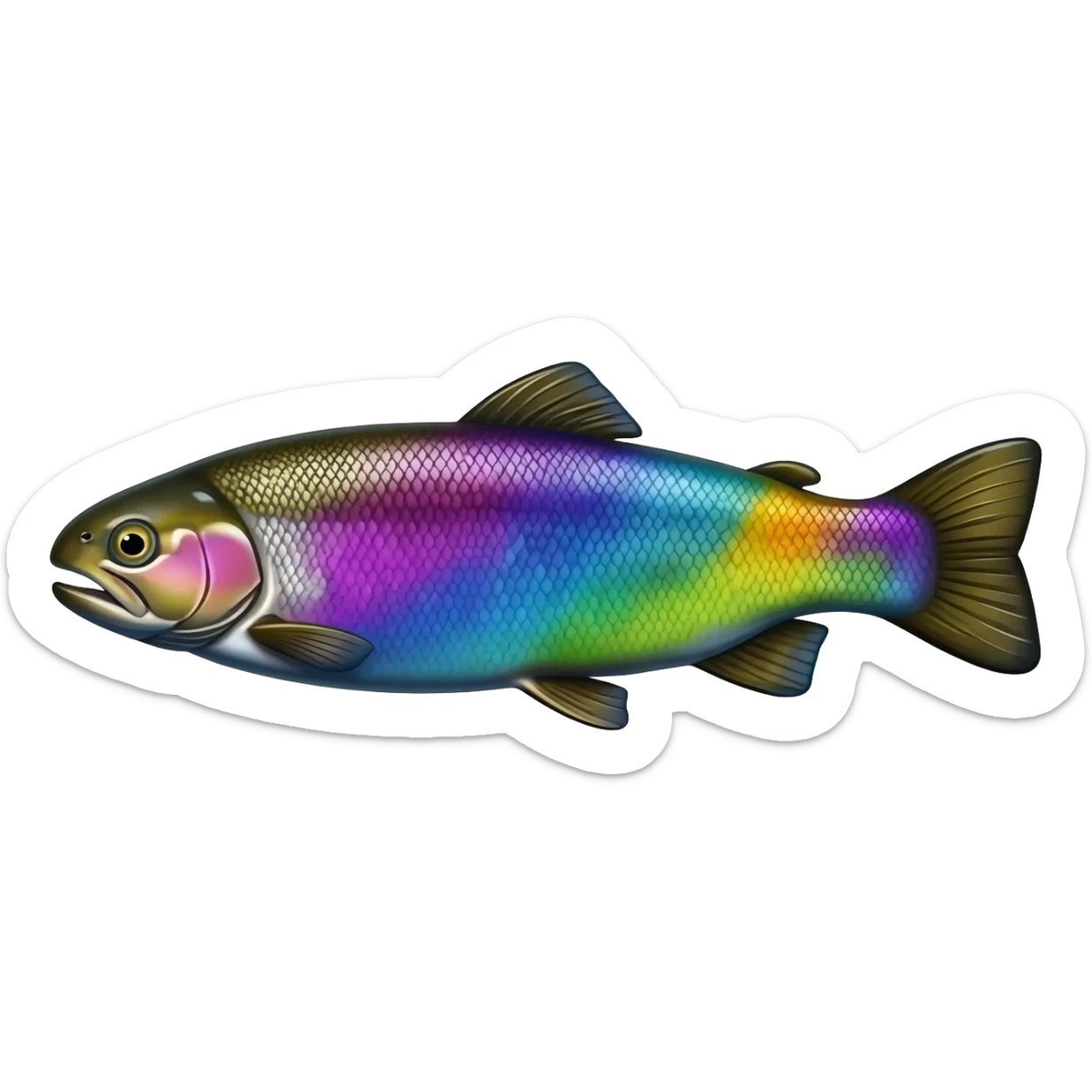 realistic rainbow trout fish bright saturated purple blue green yellow white with scales and black speckles sticker