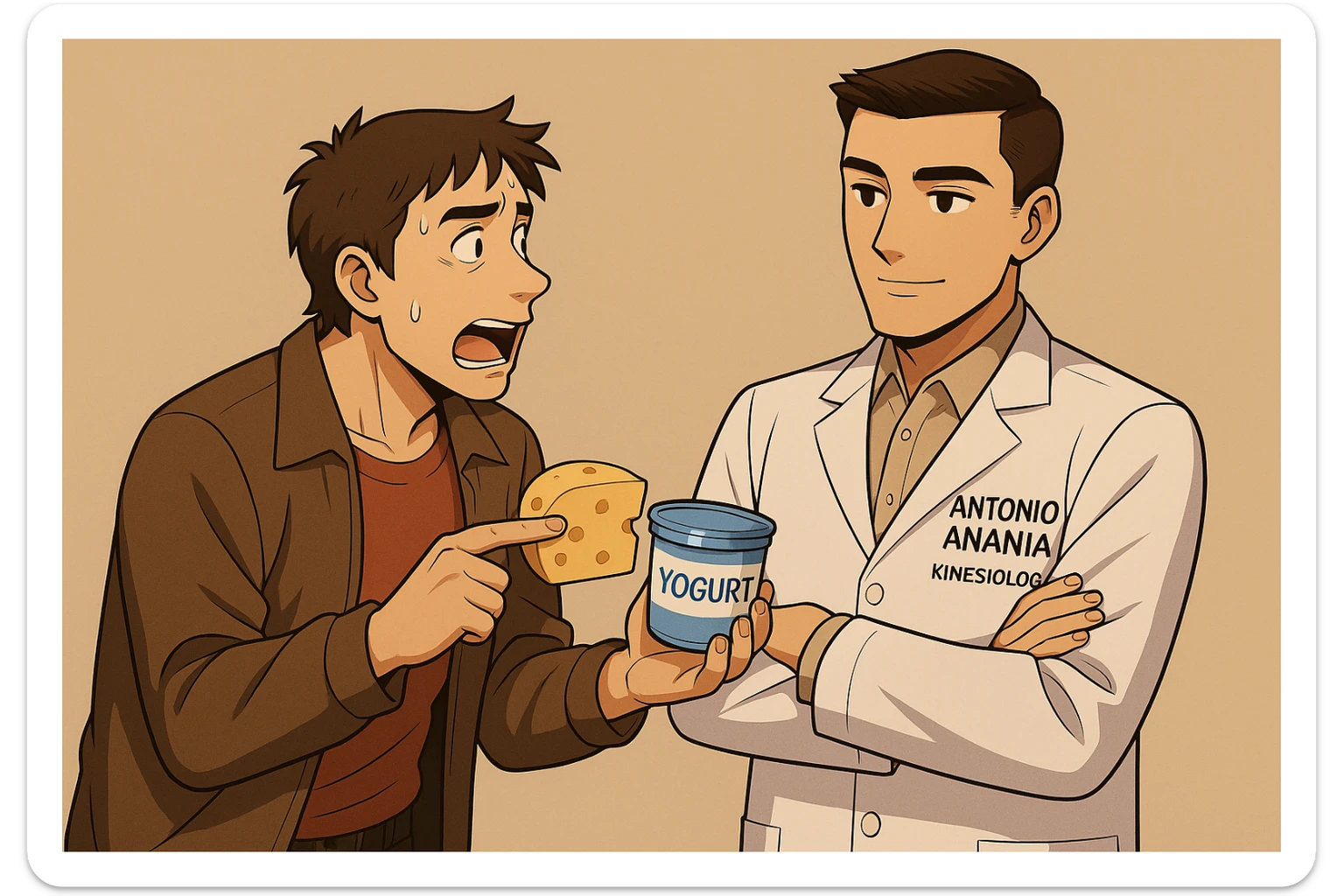fai un webtoon manga a colori con questo stile, in cui un uomo fa una domanda al kinesiologo con il camice bianco (fagli anche la scritta "ANTONIO ANANIA" SUL CAMICE, l'uomo chiede una cosa mostrando un formaggio e uno yogurt al kinesiologo con il camice, IL KINESIOLOGO annuisce e SPIEGA ALL'UOMO UNA cos. L'UOMO ha un ESPRESSIONE CONFUSA IN VOLTO. non fare i fumetti però, fai solo in modo che sembri stiano parlando sticker