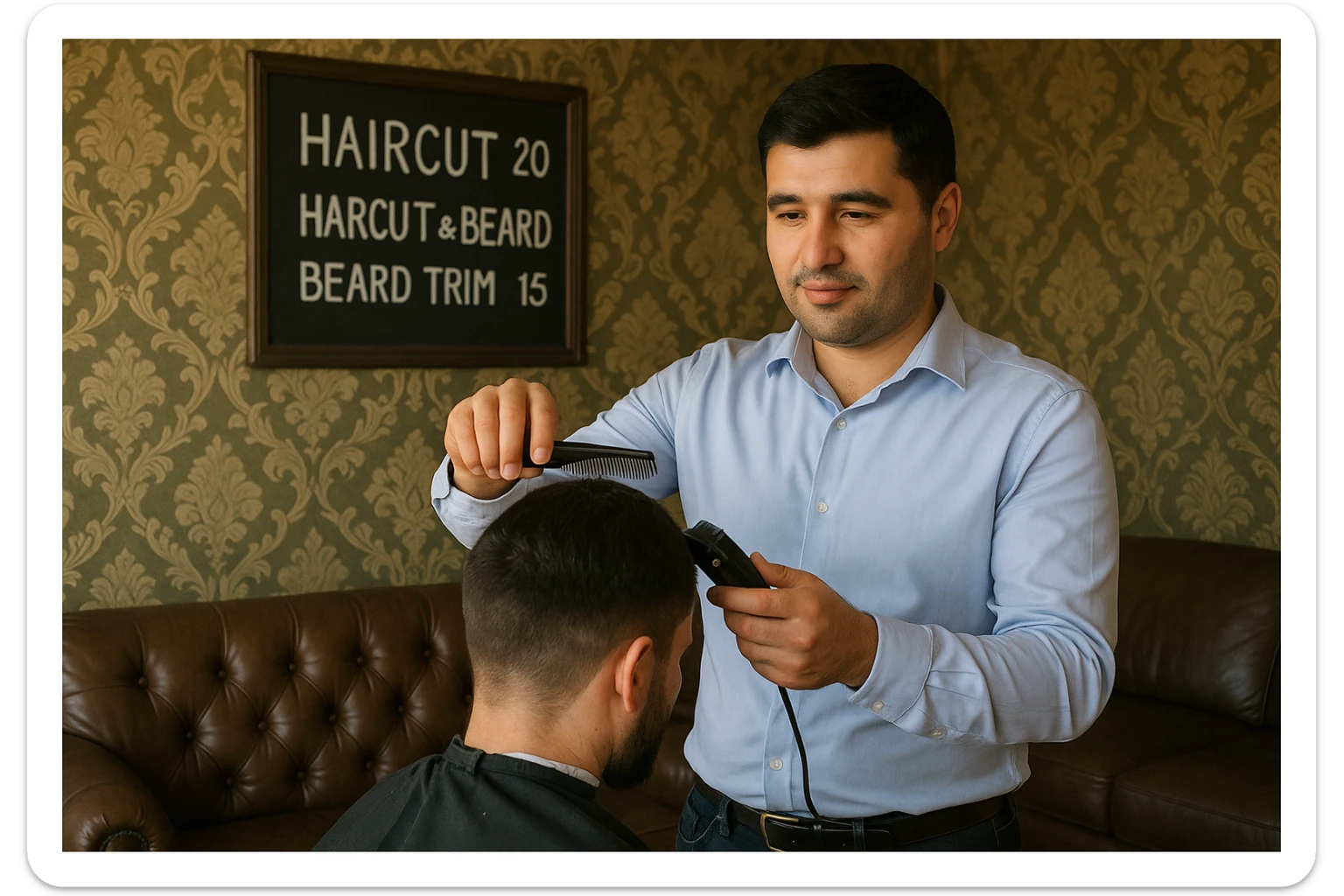 Draw me a picture of a barbershop that looks like this guy working in a barbershop. The barbershop doesn't have to be very modern. It should be on a medium floor. Also draw a blackboard on the wall. It should have the prices for haircuts there. sticker