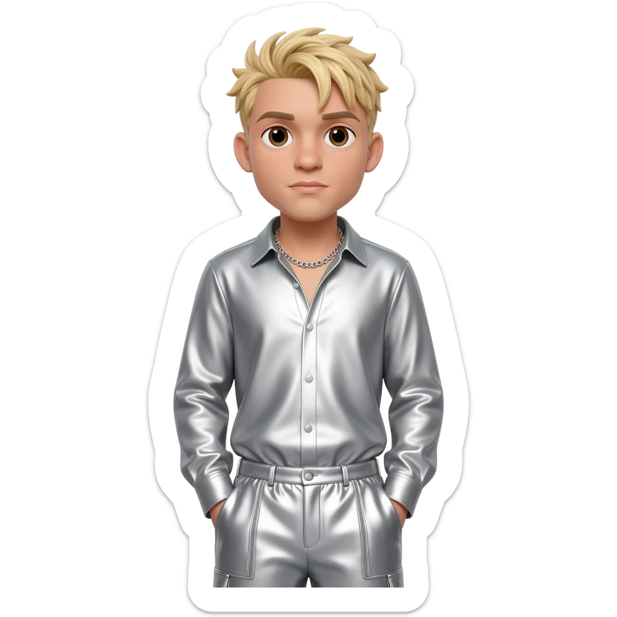 Aaron Carter with brown eyes, blonde hair, silver metallic shirt, silver metallic baggy pants, silver necklace sticker