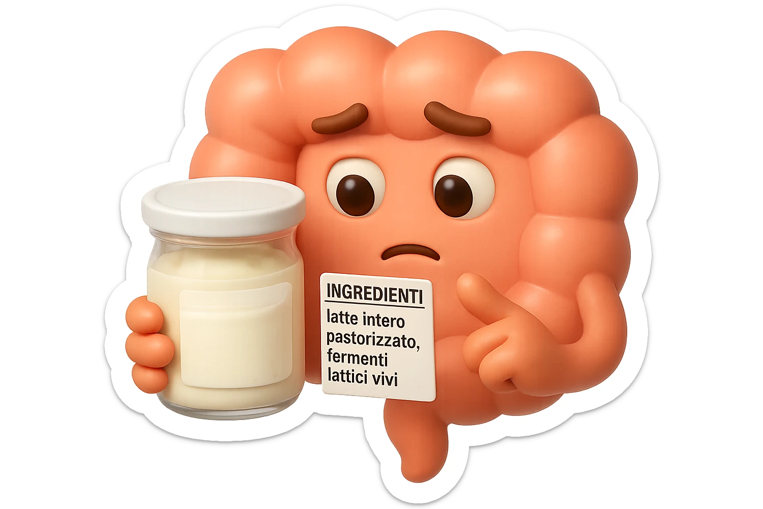 EMOJI STILE IPHONE 3D DI UN INTESTINO CHE HA IN MANO UN BARATTOLO DI YOGURT CONFEZIONATO DA SUPERMERCATO E LEGGE L'ETICHETTA NUTRIZIONALE CON GLI INGREDIENTI IN ITALIANO, ACCANTO ALLO YOGURT CHE HA IN MANO C'è UN FOCUS SULL'ETICHETTA CON GLI INGREDIENTI SCRITTI sticker