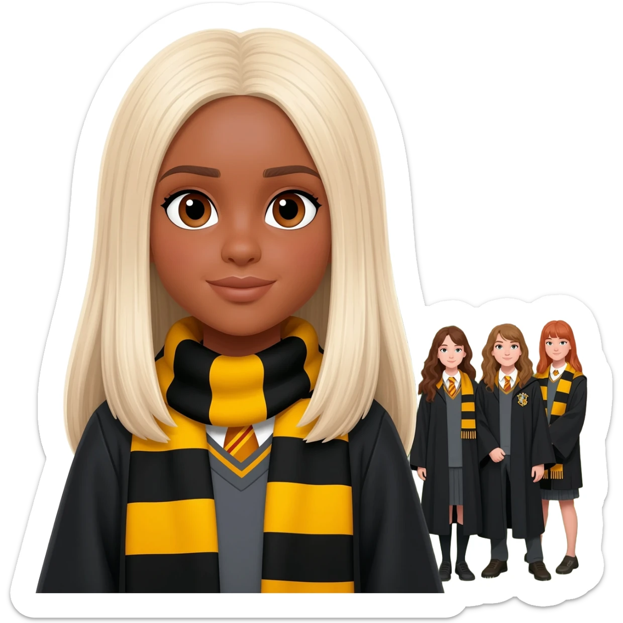 a house with hufflepuff-house-student-friend-group girl-tanned-skin and super-long straight light platinum blonde hair-brown eyes sticker