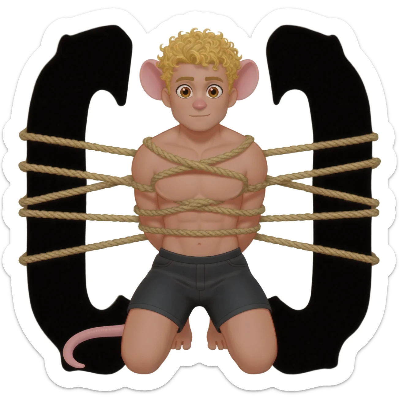 man with brown eyes, rat ears, curly blond hair. he dressed in black shorts. he is on his knees. her arms are tied up with ropes sticker