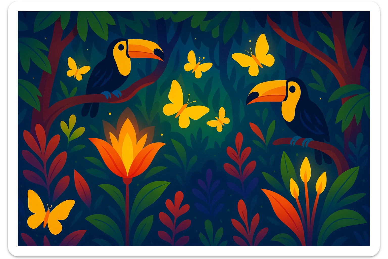Add glowing yellow butterflies flying among the plants and animals in the magical Colombian rainforest in a vibrant toon style. sticker