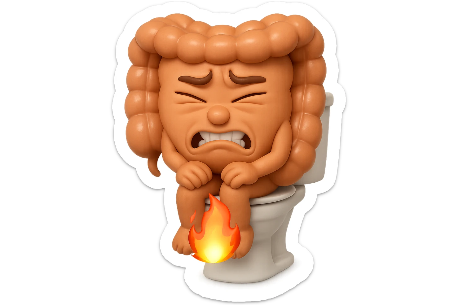 SU QUESTO STILE FAI UN EMOJI STILE IPHONE 3D DI UN INTESTINO CHE sta seduto sul wc e dal wc in mezzo alle sue gambe esce una fiamma stile emoji iphone, FAGLI UN ESPRESSIONE di dolore mentre si sforza E FALLO MOLTO REALISTICO IN 3D sticker