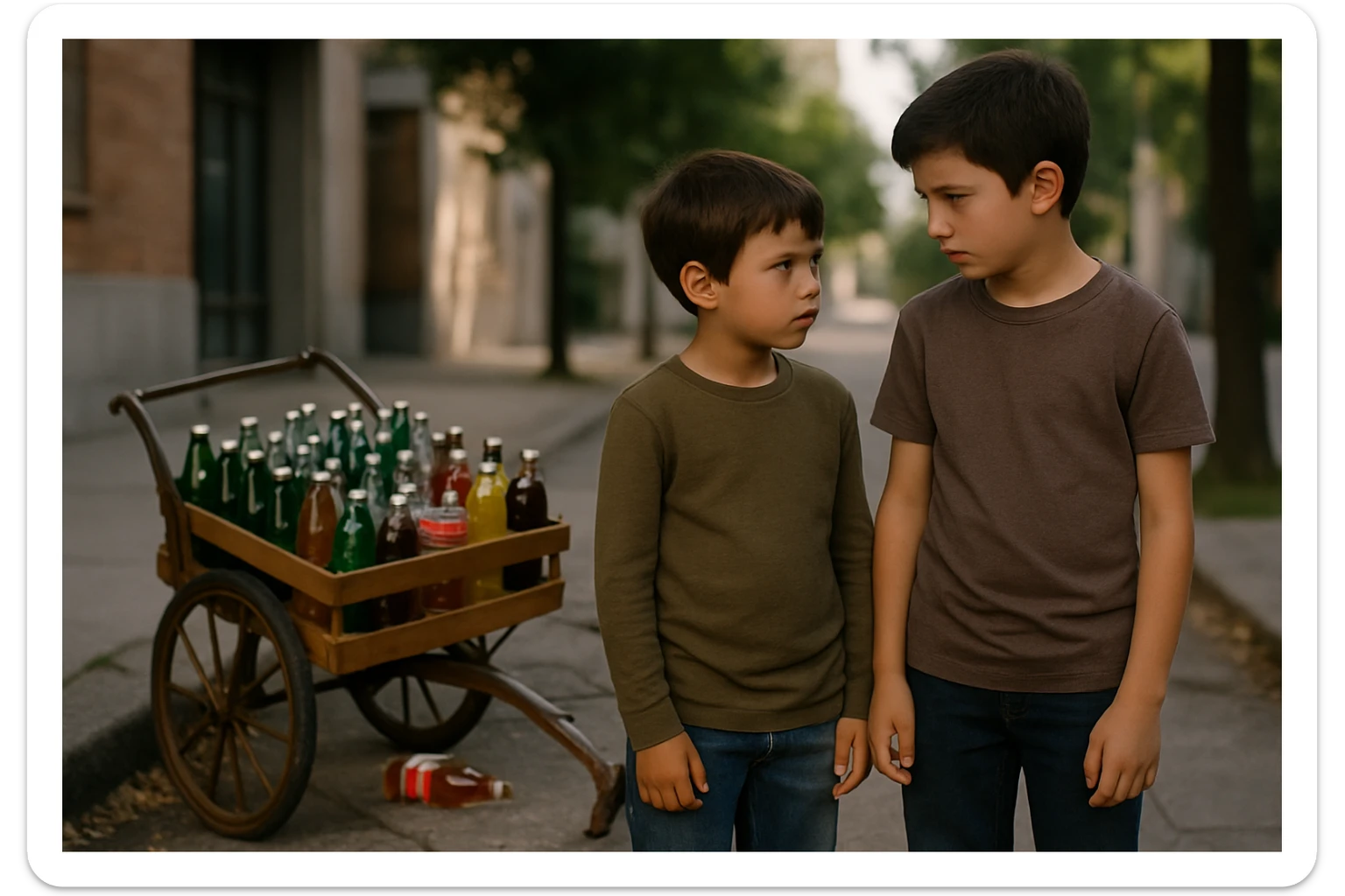 Bir g'ildiragi singan ichimliklar ortilgan arava uning yonida aka uka bir biriga havotirli nigoh bilan qarab turibdi realistik uslubda yuzi ko'rinmasin sticker