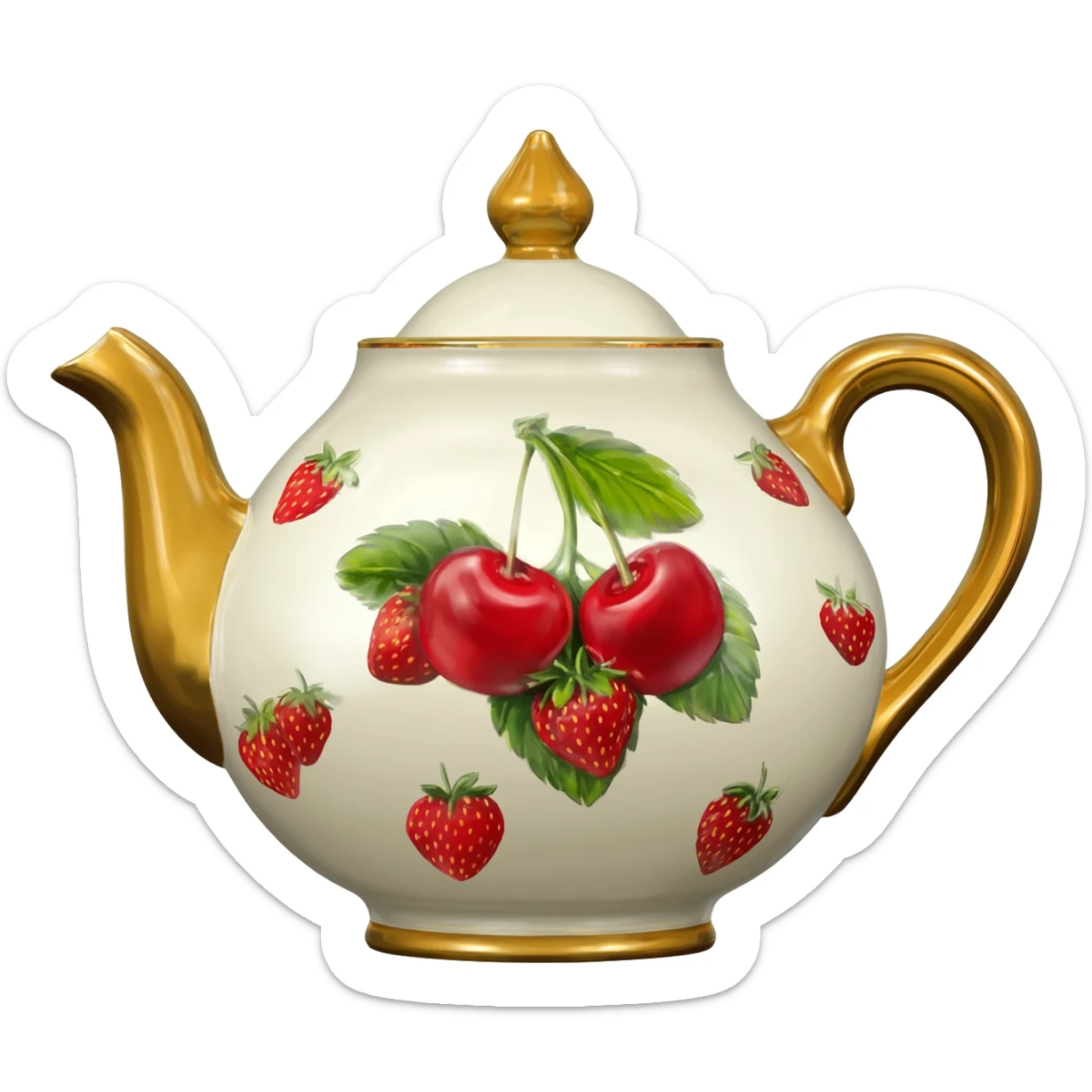 A Vintage luxurious Tea pot that features a cherries & strawberries detailed colorful pattern print, main color of pot is off white, realistic gold edging isolated, 3D rendering,, 8k, 600 dpi. No emoji icons no emoji faces no human figures  sticker