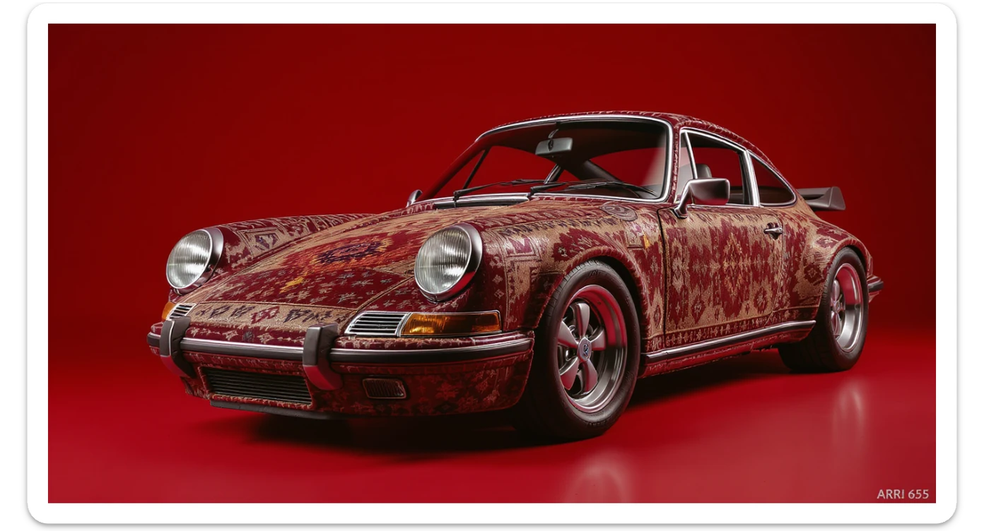 Closeup shot of a porsche 911, body of car made of russian carpet with patterns, red solid studio background, low keu light, top soft light, dutch angle,  captured by ARRI 65 sticker