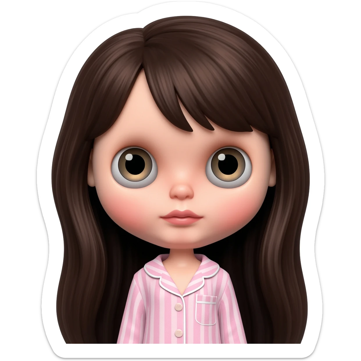 Make me an emoji that is wearing pajamas maker her a Blythe doll type emojiMake her hair longer Make her hair darker Make her hair a darker brown give her pale skin Maker more peach white pale sticker