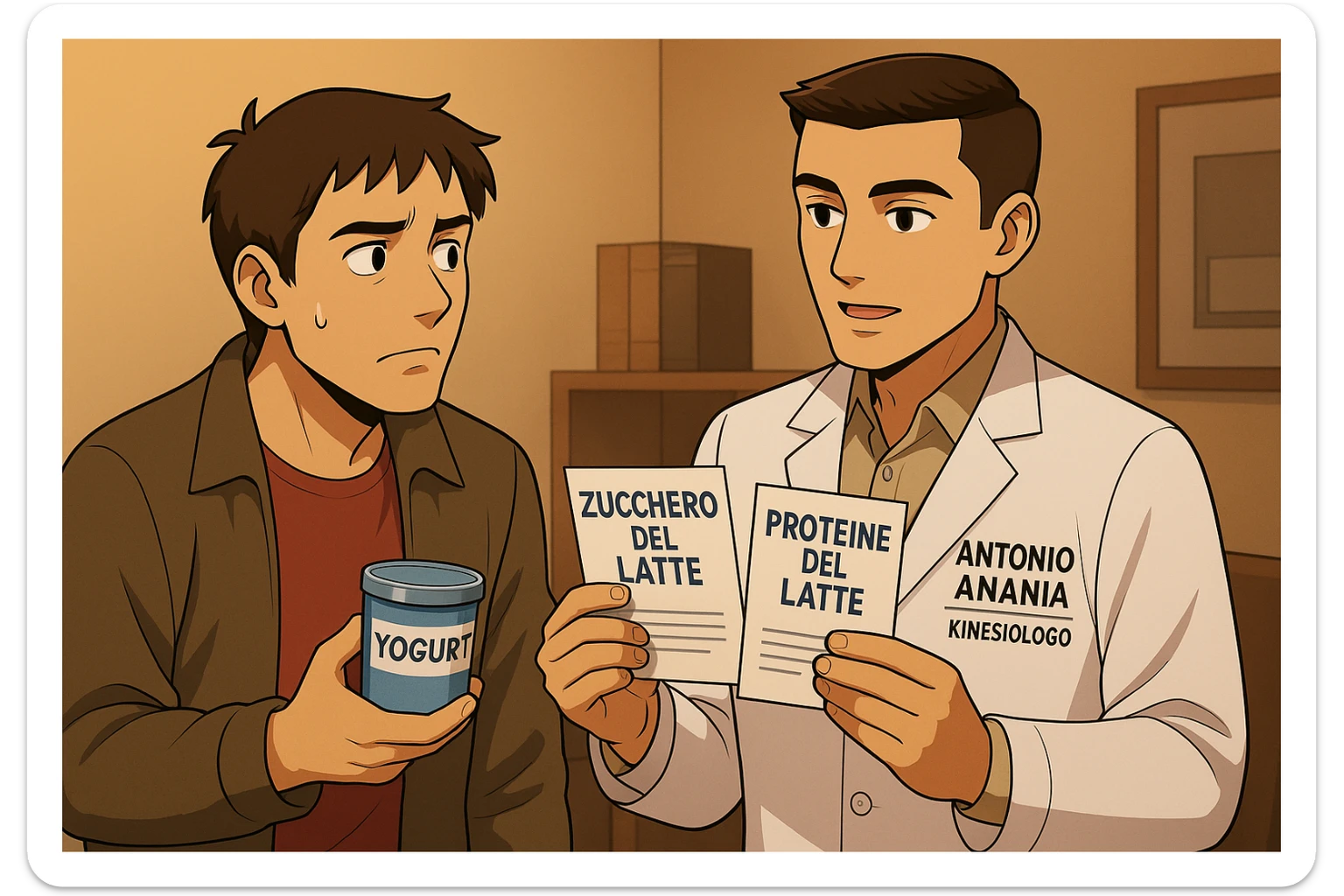 fai un webtoon manga a colori con questo stile, in cui un uomo ASCOLTA Il kinesiologo con il camice bianco (fagli anche la scritta "ANTONIO ANANIA" SUL CAMICE, IL KINESIOLOGO SPIEGA ALL'UOMO UNA COSA TENENDO DUE FOGLIETTINI IN MANO, UNO CON LA SCRITTA "ZUCCHERO DEL LATTE" E UNA CON LA SCRITTA "PROTEINE DEL LATTE". L'UOMO OSSERVA LO YOGURT CHE HA IN MANO CON ESPRESSIONE DUBBIOSA IN VOLTO. non fare i fumetti però, fai solo in modo che sembri stiano parlando sticker