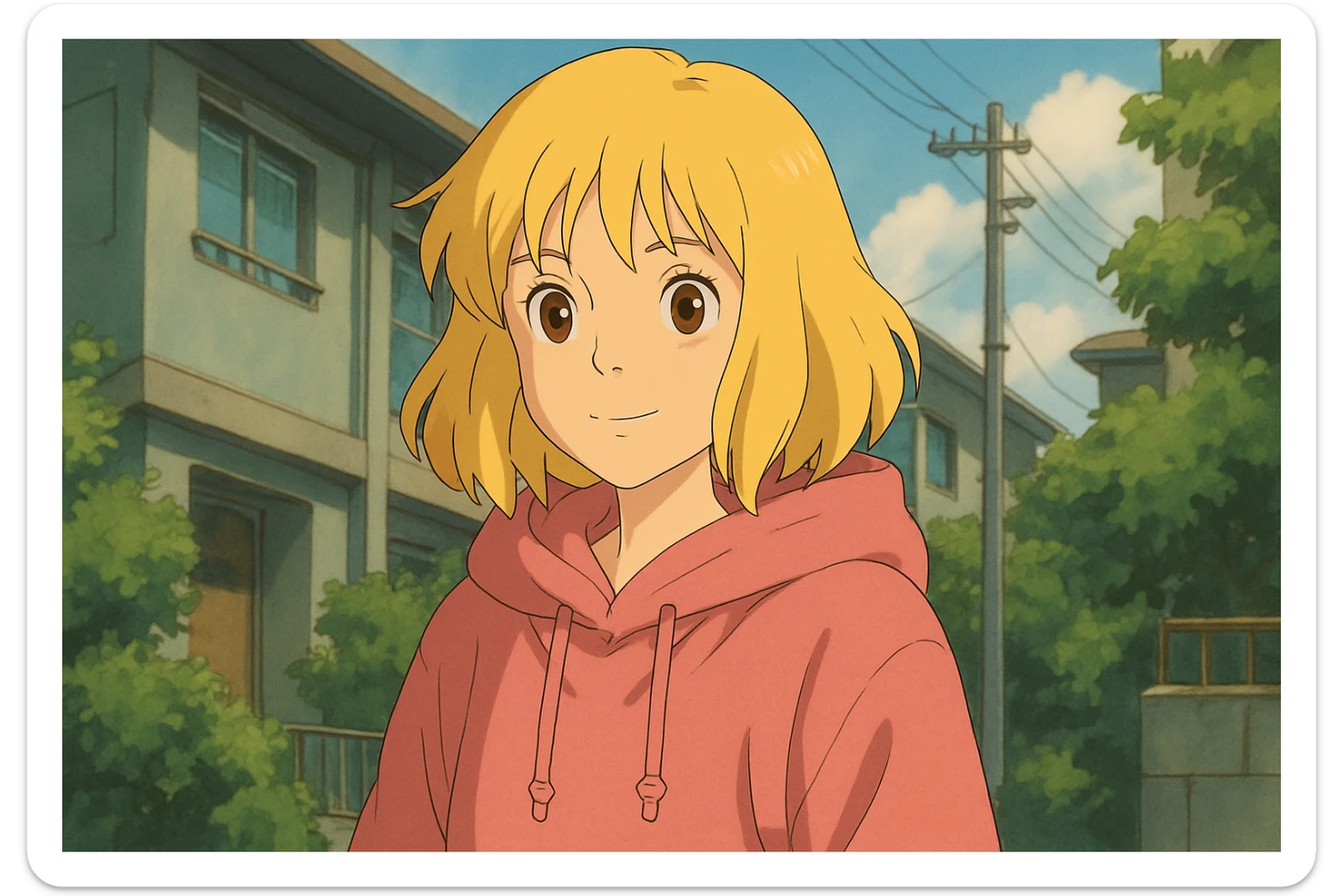 A girl yellow hair brown eyes pink Urban Heavy Loose Fit Hood Sweat sticker