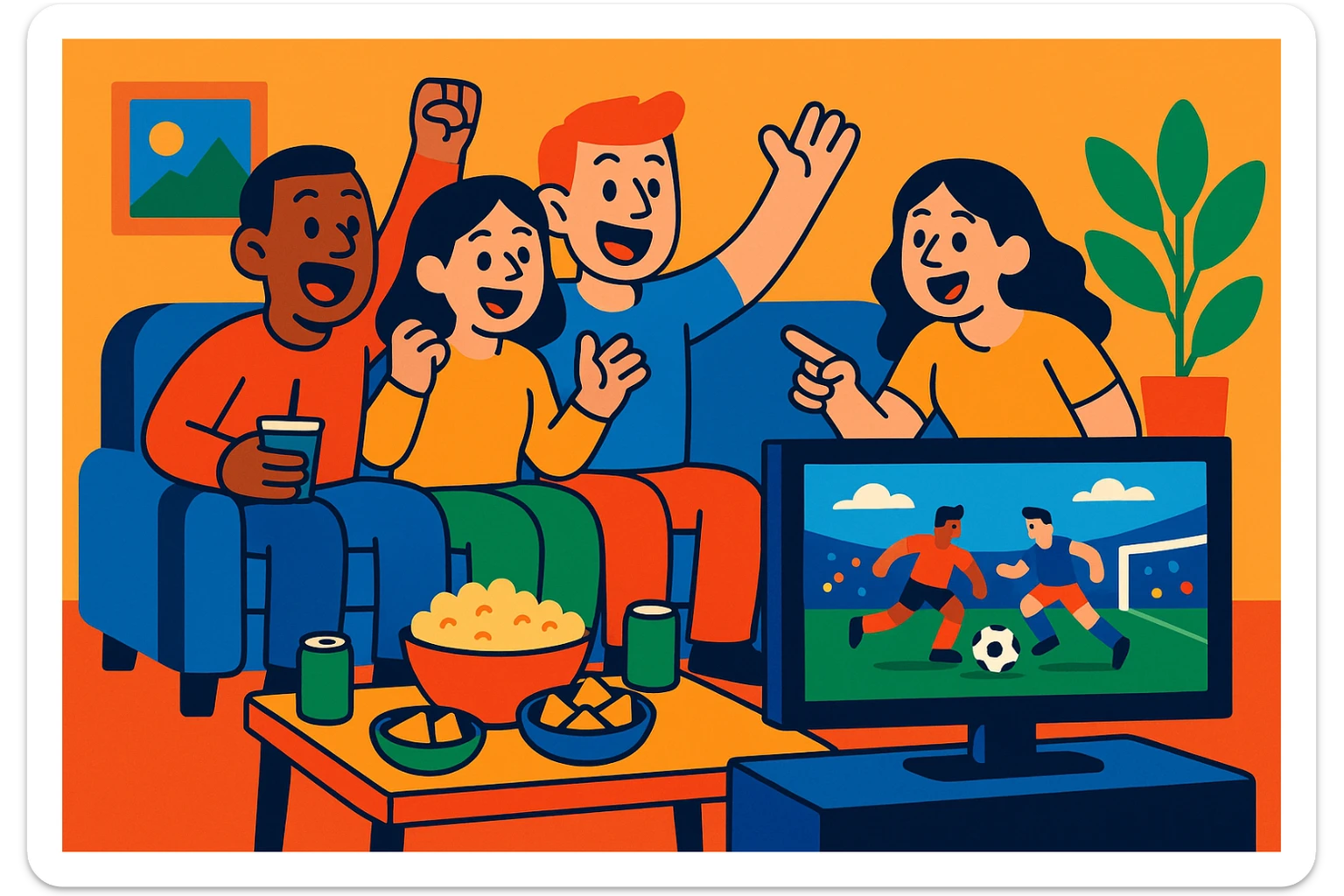 group of friends watching a football match on TV with snacks and drinks around sticker