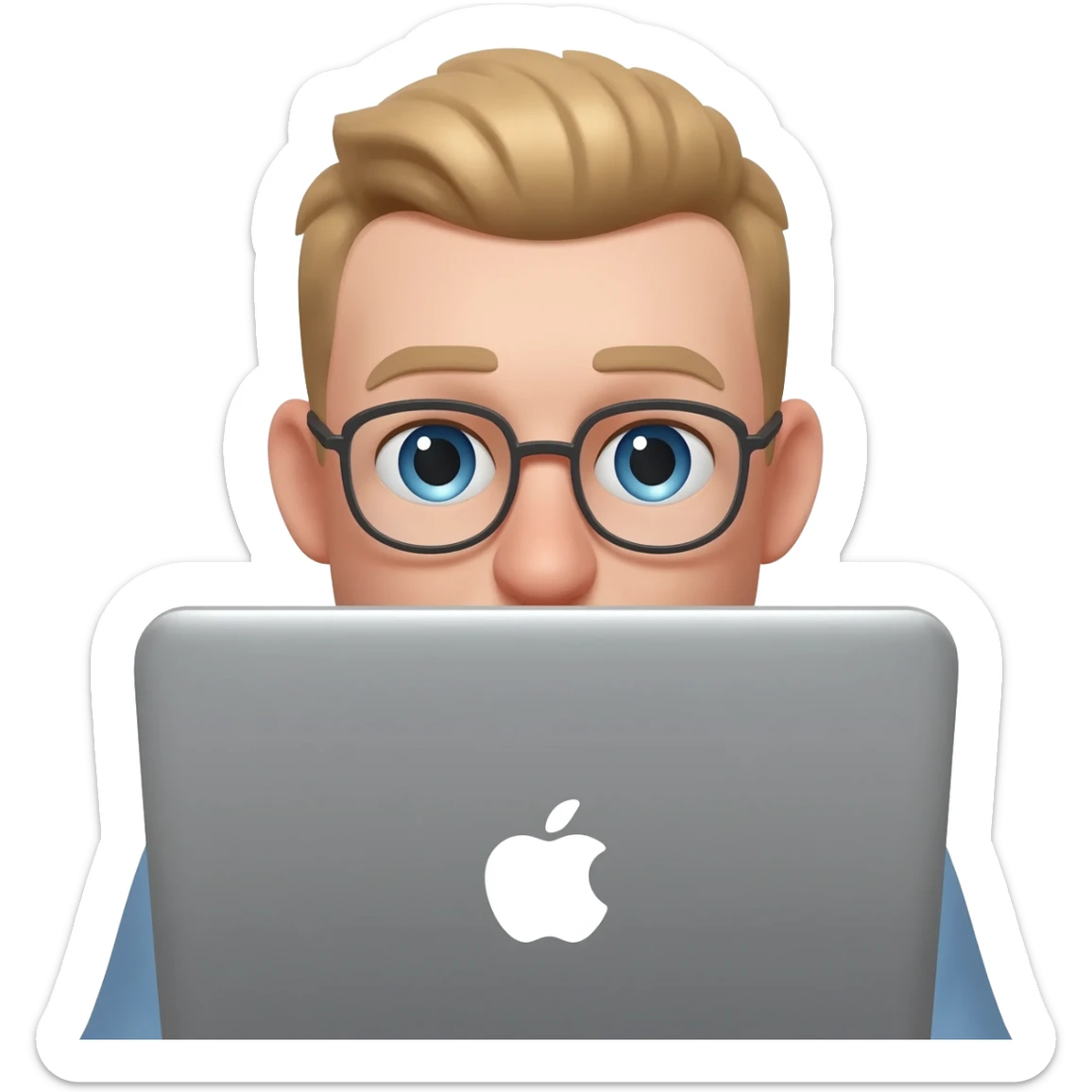 парень 30 лет с короткострижеными волосами без очков европейской внешности с голубыми глазами сидит за макбуком видно только глаза и лоб, остальное скрыто за макбуком  (волосы русого цвета) sticker