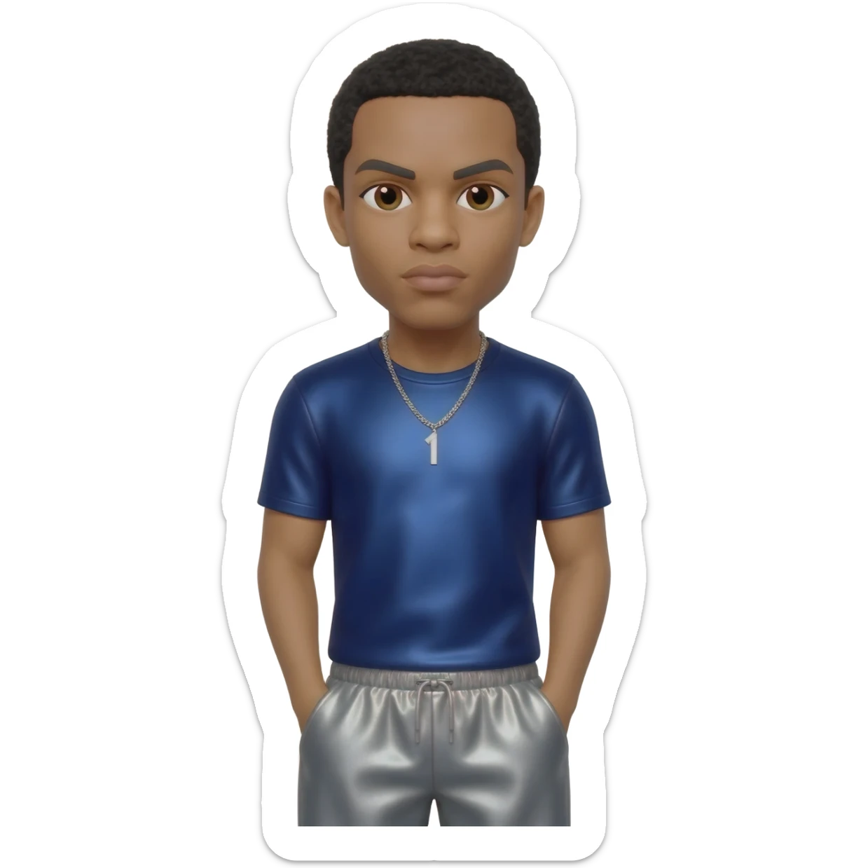 Drake with dark brown eyes, black short hair, navy blue metallic t-shirt, gray metallic baggy pants, silver necklace sticker