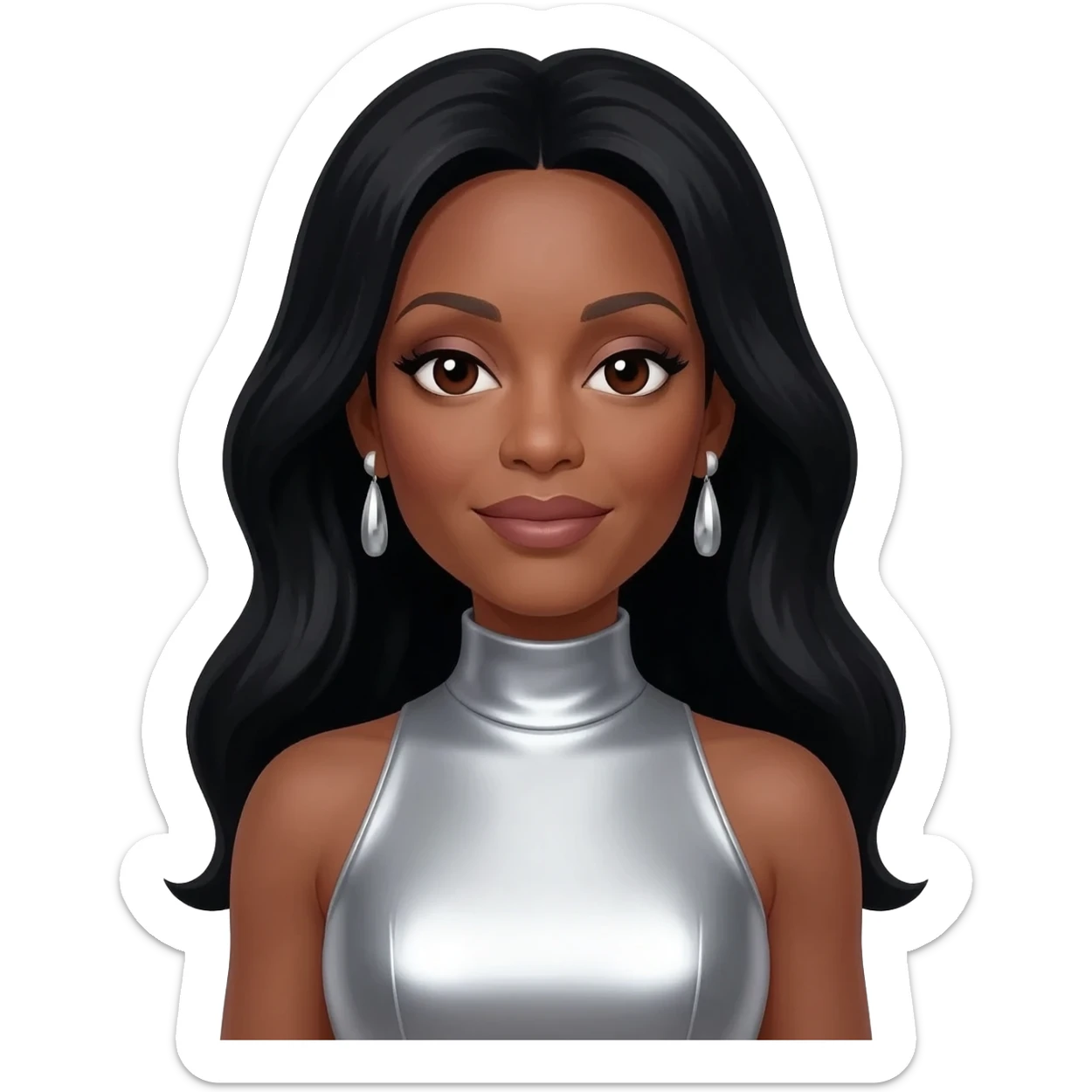 Diana Ross with dark brown eyes, long black hair, silver metallic turtleneck dress, silver earrings sticker