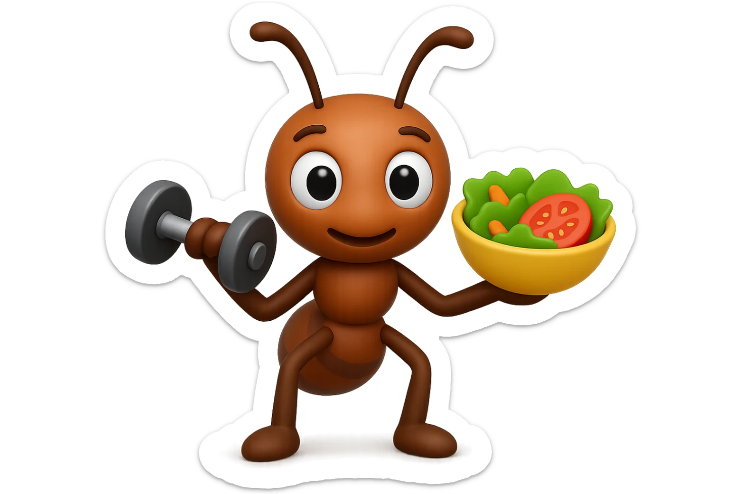 EMOJI STILE IPHONE 3D DI UNA formica CHE ha un manubrio da palestra nella mano destra e un insalata nella mano sinistra, FAGLI GLI OCCHI CON LA PARTE BIANCA, NON SOLO LA PUPILLA sticker