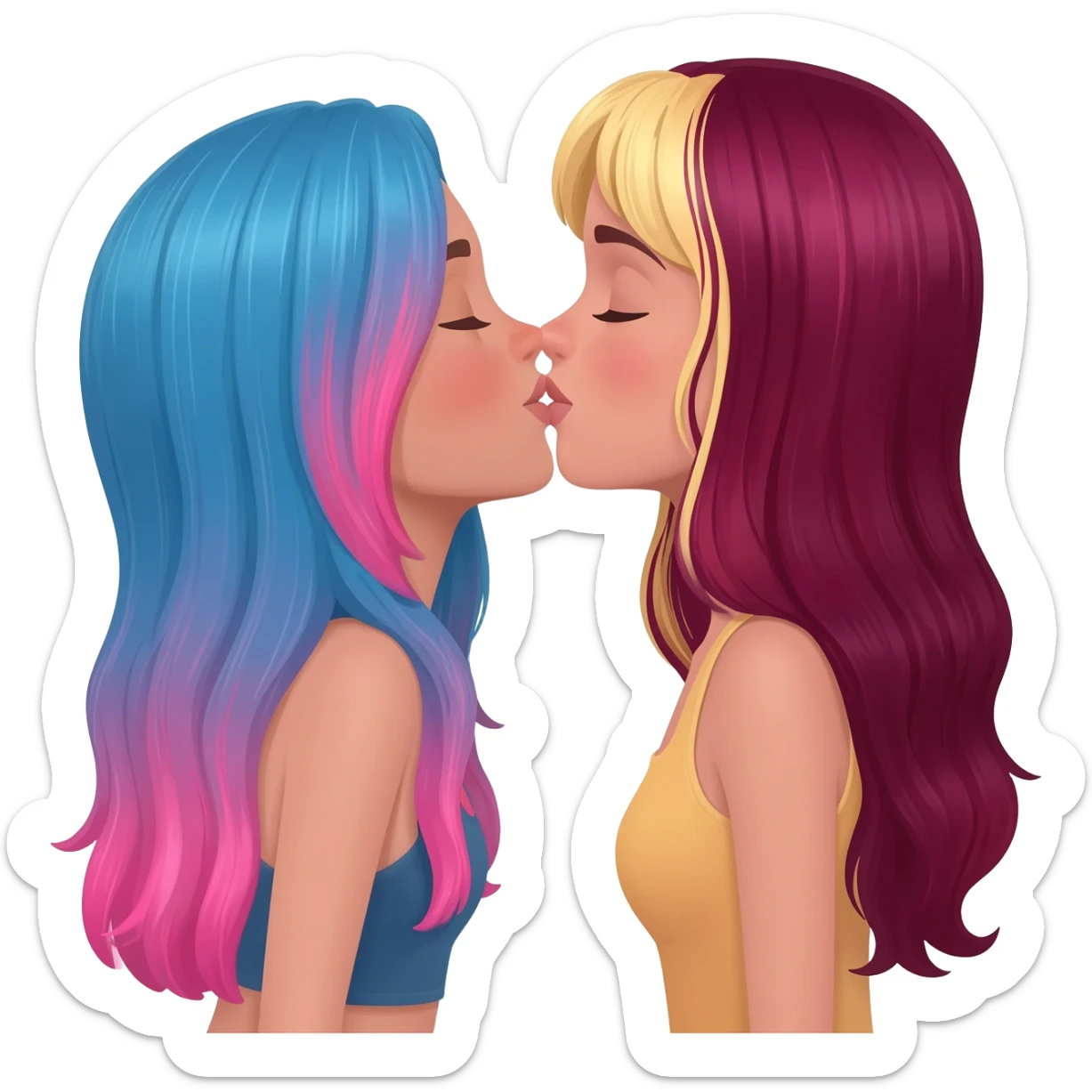 femme lesbians kissing, both pale white, one has long blue and pink hair, the other has long burgundy hair with streaks of blonde and pink at the front sticker