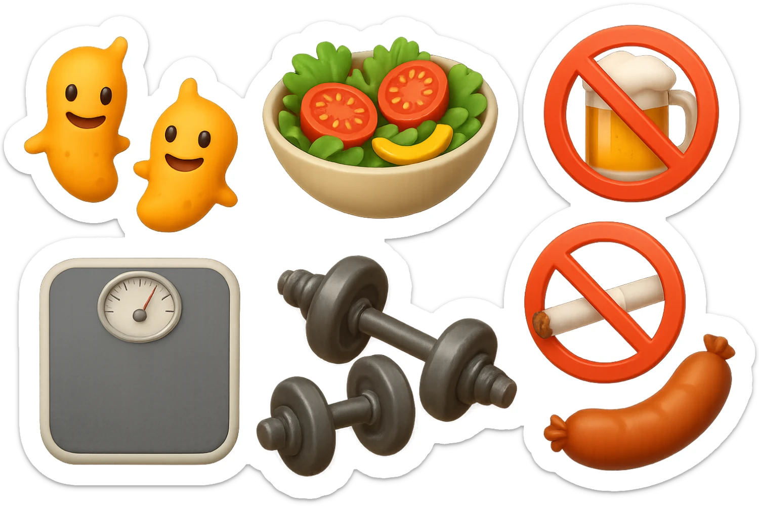 emoji stile iphone di: due batteri intestinali felici, una bowl di insalata, una bilancia pesapersone, manubri da palestra, e un boccale di birra con divieto 3d sopra, una sigaretta con divieto 3d sopra e un wurstel con divieto 3d sopra, fluttuano in aria, iperrealistico 4k sticker