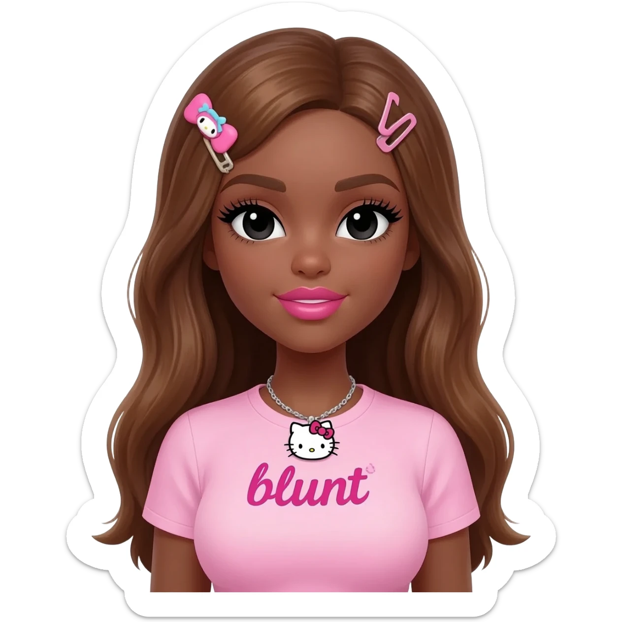 Long lashes, my melody hairclip, Doll faced shaped, hello kitty necklace, bimbo, black doll eyes, Big lips barbie, long dark brown skin with honey brown hair, light pink bimbo shirt says "blunt" , big breast sticker