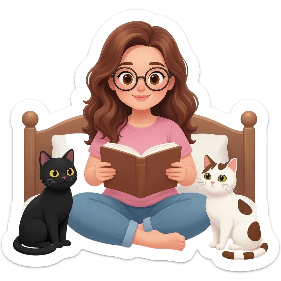 detailed emoji illustration of a curvy woman with long chestnut brown wavy hair, light brown eyes and round glasses sitting on a bed and reading a book, with two cats beside her: one black cat and one white cat with brown spots, cozy bedroom atmosphere, cute emoji style sticker