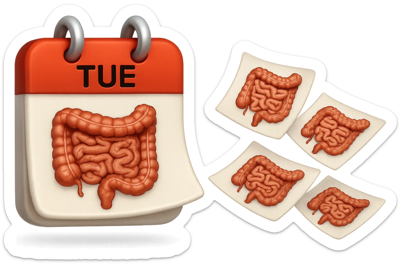 emoji stile iphone di un calendario con fogli che volano insieme, sui fogli ci sono disegnati degli intestini anatomici, iperrealistico 4k, isolato su sfondo bianco sticker