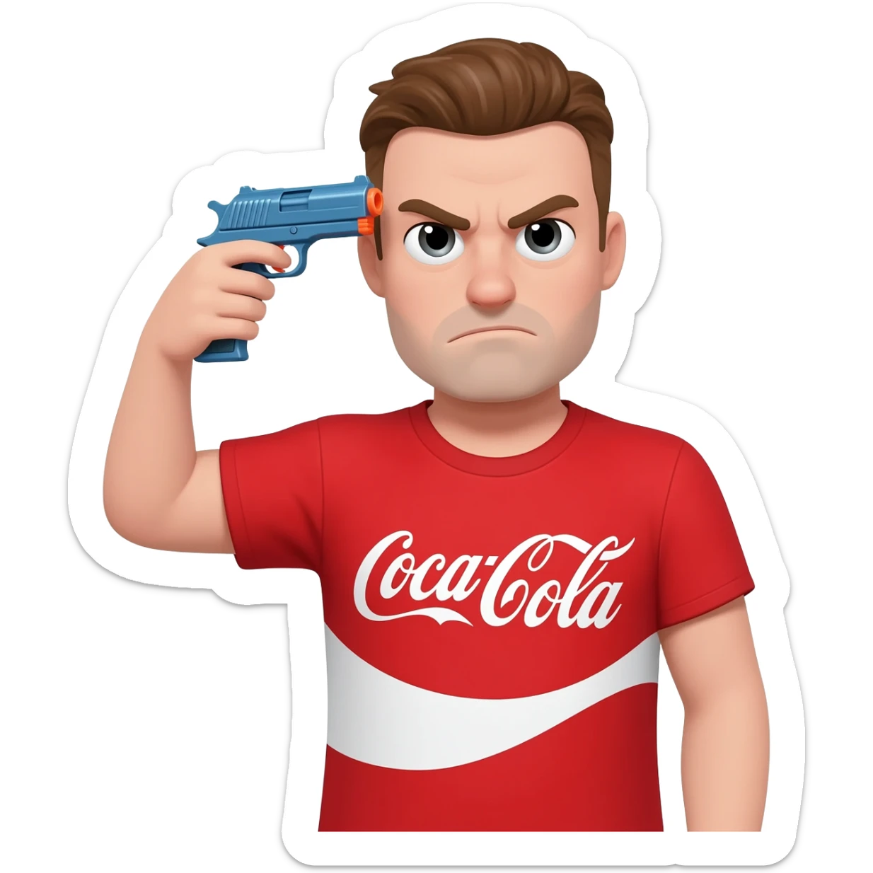grumpy coca-cola guy with a toy gun pointed at his head sticker
