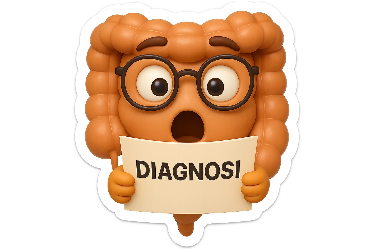 EMOJI STILE IPHONE DI UN INTESTINO CON GLI OCCHIALI CHE LEGGE UN FOGLIO CON LA SCRITTA DIAGNOSI, ESPRESSIONE STUPITA IN VOLTO, IPERREALISTICO 4K sticker