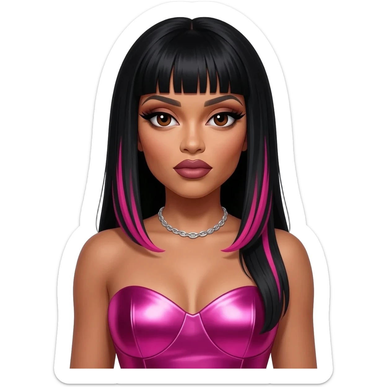 Nicki Minaj with dark brown eyes, long black hair with pink highlights, hot pink metallic sweetheart dress, silver necklace sticker