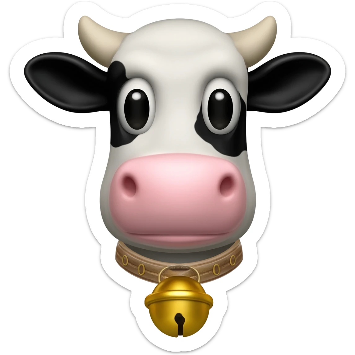 a head of a cow with a collar and a golden bell sticker