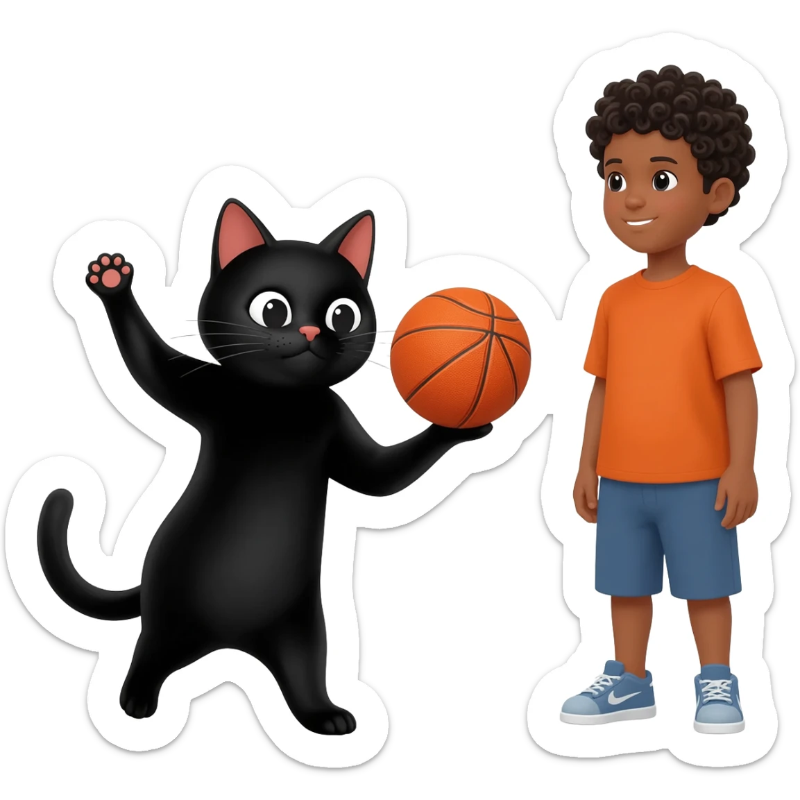 Black cat playing with orange basketball and a little boy with curly black hair sticker