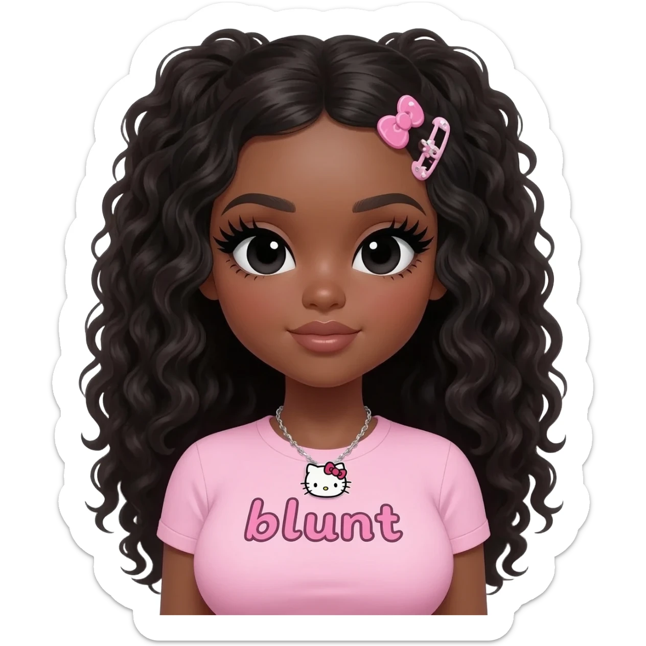 Long giant lashes, my melody hairclip, Doll faced shaped, hello kitty necklace, bimbo, black doll eyes, barbie, dark brown skin with long curly black hair, light pink bimbo shirt says "blunt" , big breast sticker